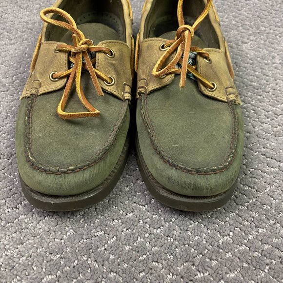 Filson Segago Docksides Shoes Mens 8 W Brown Green Boat Leather Canvas Tin Cloth - Picture 4 of 15